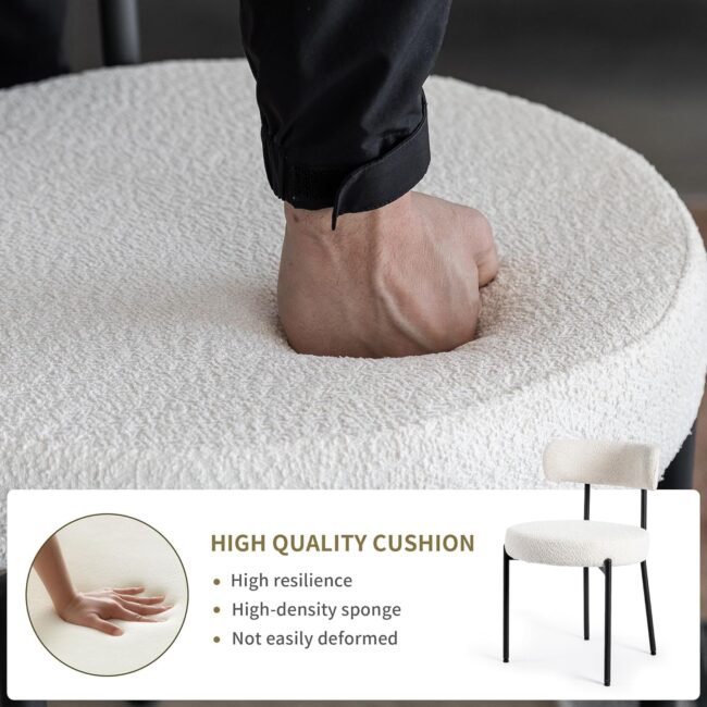 Nordic Modern Lamb Wool Fabric Dining Chair with Metal Black Legs, Coffee chair, Makeup Chair, (White) - Image 6