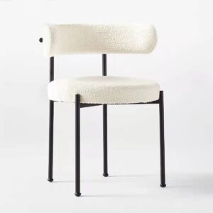 Nordic Modern Lamb Wool Fabric Dining Chair with Metal Black Legs, Coffee chair, Makeup Chair, (White)