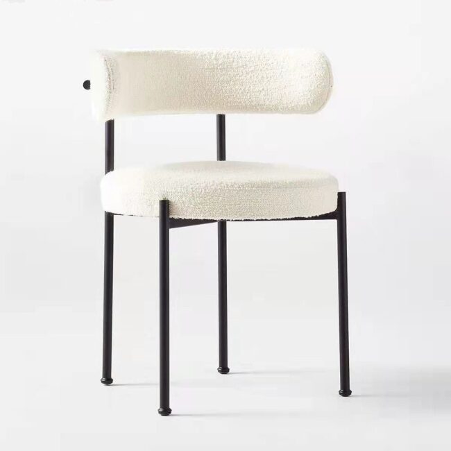 Nordic Modern Lamb Wool Fabric Dining Chair with Metal Black Legs, Coffee chair, Makeup Chair, (White)