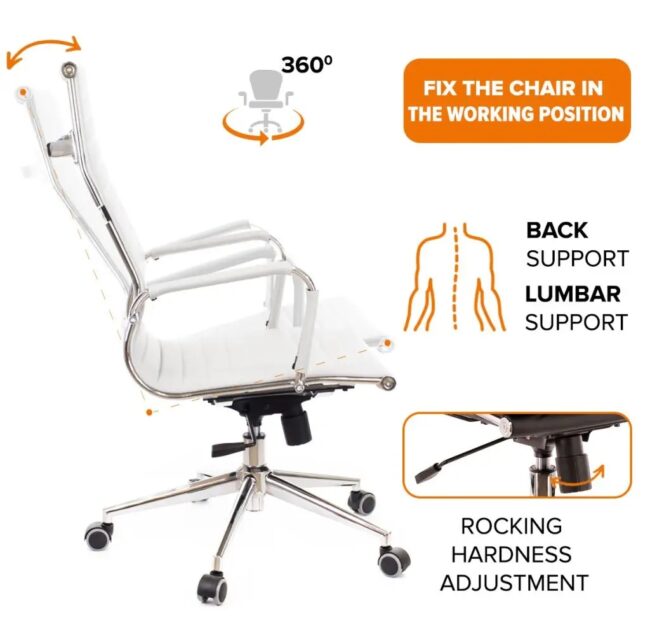 Executive Chair PU in White - High Back Office Chair for Ergonomic Comfort and Modern Conference Rooms - Image 5