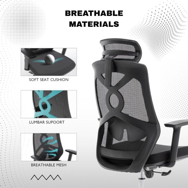 Ergonomic Office Chair with Adjustable Headrest & Lumbar Support – High Back Mesh Desk Chair with Flip-Up Armrests, Swivel Base, and Breathable Backrest – Executive Computer Chair, Black - Image 4