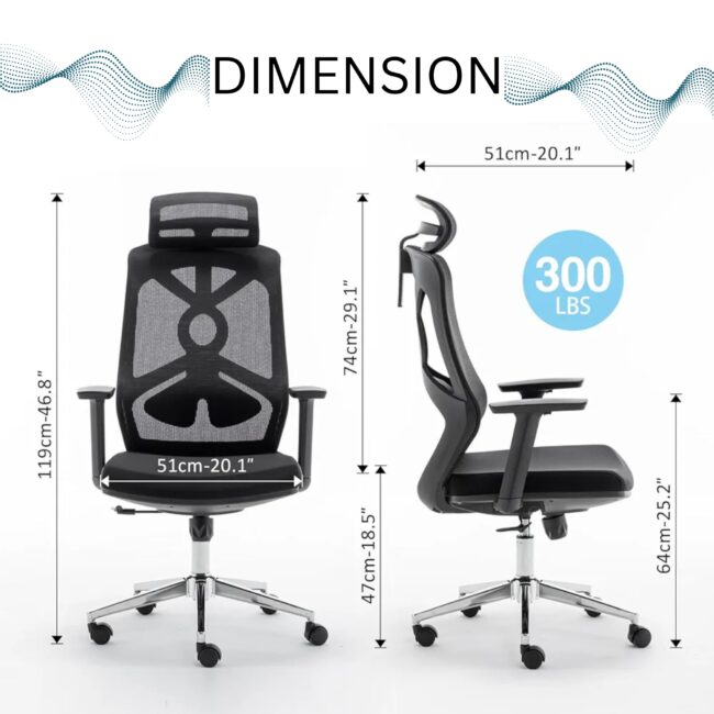 Ergonomic Office Chair with Adjustable Headrest & Lumbar Support – High Back Mesh Desk Chair with Flip-Up Armrests, Swivel Base, and Breathable Backrest – Executive Computer Chair, Black - Image 5