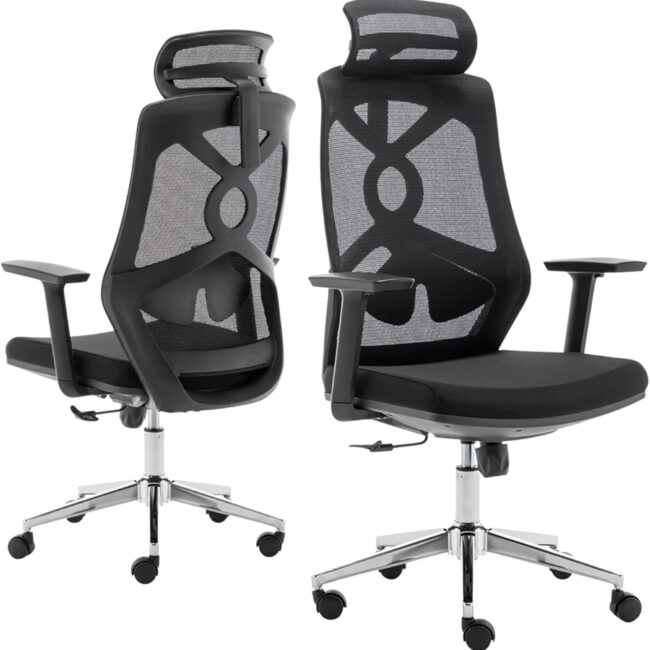 Ergonomic Office Chair with Adjustable Headrest & Lumbar Support – High Back Mesh Desk Chair with Flip-Up Armrests, Swivel Base, and Breathable Backrest – Executive Computer Chair, Black