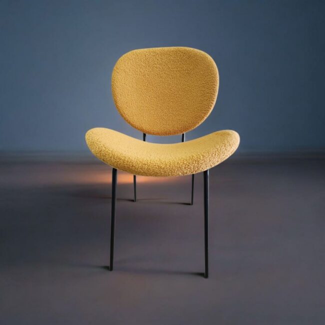 Modern Boucle Dining Chair – Mustard Yellow Upholstery with Curved Back & Seat – Comfortable Accent Chair with Black Metal Legs for Dining Room, Kitchen, Café & Home Décor - Image 2