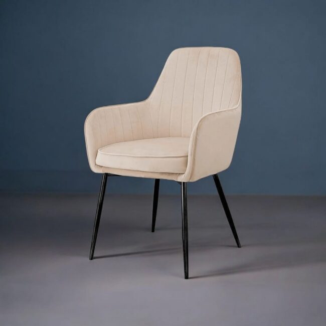 Modern Beige Upholstered Dining Chair with Armrest & Black Metal Legs | Stylish Accent Chair for Home & Office UAE - Image 4