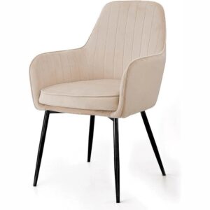 Modern Beige Upholstered Dining Chair with Armrest & Black Metal Legs | Stylish Accent Chair for Home & Office UAE