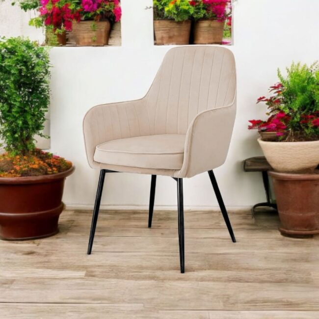 Modern Beige Upholstered Dining Chair with Armrest & Black Metal Legs | Stylish Accent Chair for Home & Office UAE - Image 3
