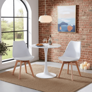 Minimalist 3-Piece Bistro Set – Circular Matte Black Pedestal Table with 2 Ergonomic Shell Chairs, Natural Wood Legs – Contemporary Space-Saving Dining Set