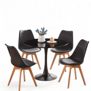 Modern 5-Piece Round Dining Set - Matte Black Tulip Table and 4 Mid-Century Eames Style Chairs with Wood Legs & Padded Seats