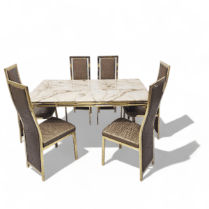 Luxury 7-Piece Dining Set | Pandora White Marble-Effect Table & 6 Brown Chairs