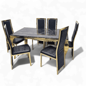 Elegant 6-Seater Black & Gold Dining Set | Marble-Effect Table & Textured Chairs