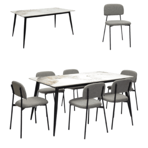 7-Piece Pandora Light Grey Dining Room Set - Model DS68 - 190cm Rectangular Table with Fabric Upholstered Chairs