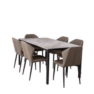 Modern 6-Seater Grey Dining Set | Grey Marble-Effect Table & 6 Upholstered Chairs