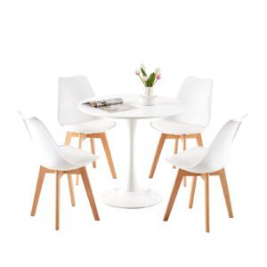 Modern Round Dining Table Set for 4 | White Tulip Base Table & 4 Eames-Style Shell Chairs with Natural Solid Wood Legs | Compact Mid-Century Kitchen/Dining Room Furniture