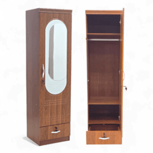 Single Door Wooden Wardrobe with Mirror and Bottom Drawer