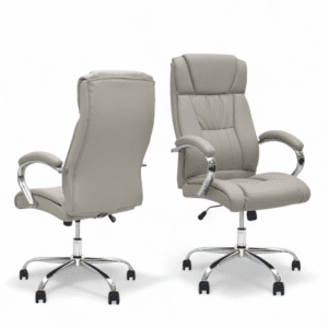 Modern High-Back Executive Office Chair – Light Grey Leather & Chrome